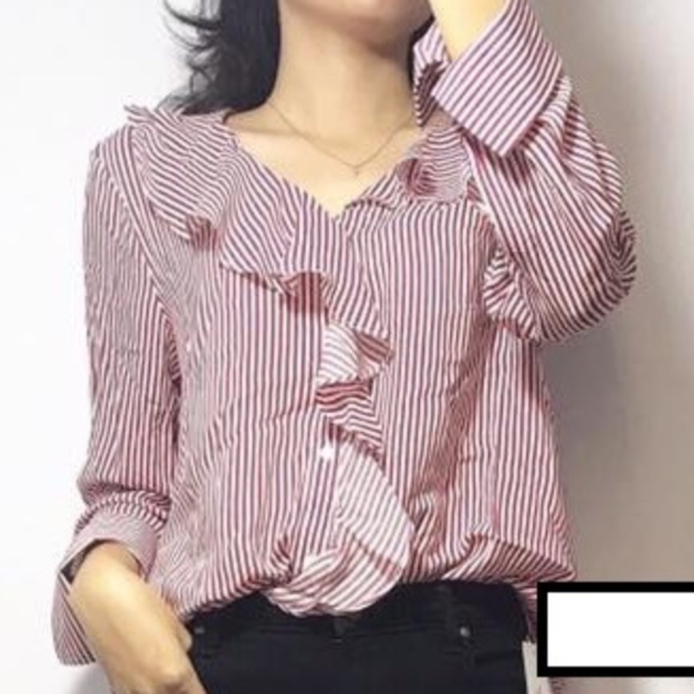 Zara Red and White Stripe Ruffle Blouse Size Small